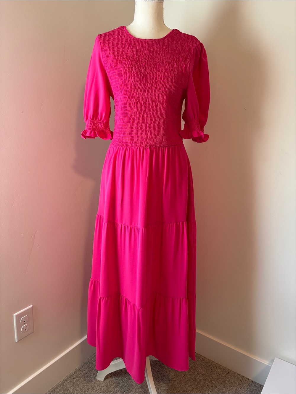 Women's Hot Pink Smocked Maxi Dress with Puff Sleeves